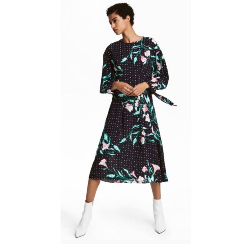 H&M Floral Dot Print Long Sleeve Midi Dress